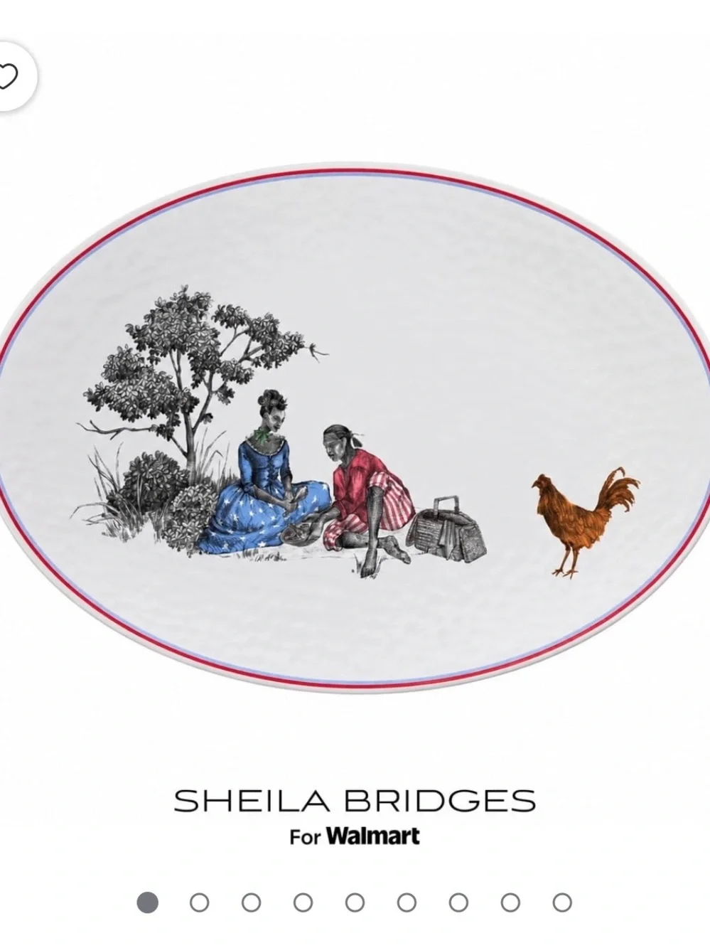Sheila Bridges Platter with Hand-Painted Picnic Scene and Red Trim